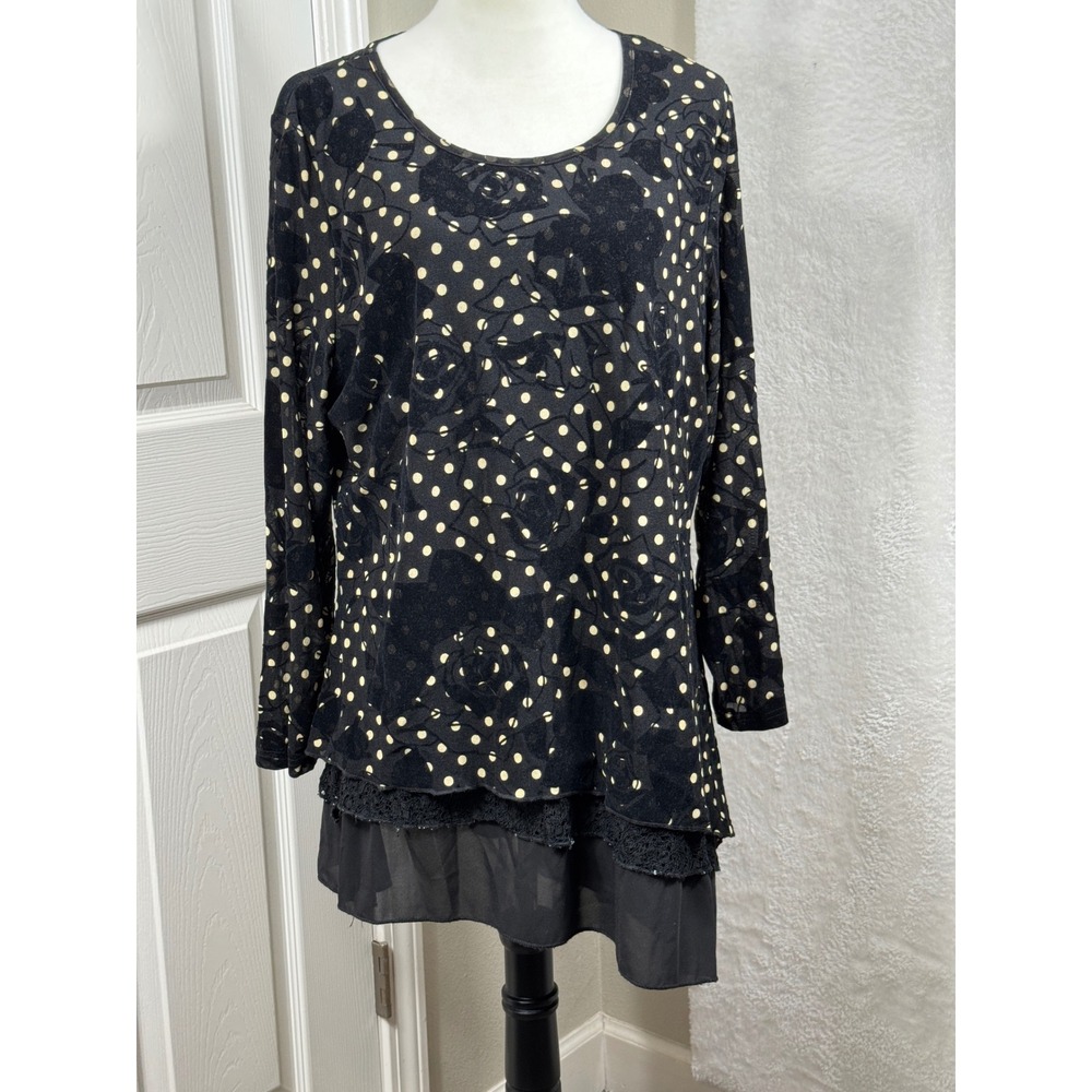 Calessa XL Black Polka Dot Velvet Long Sleeve‎ Tunic Top Lagenlook Whimseygoth